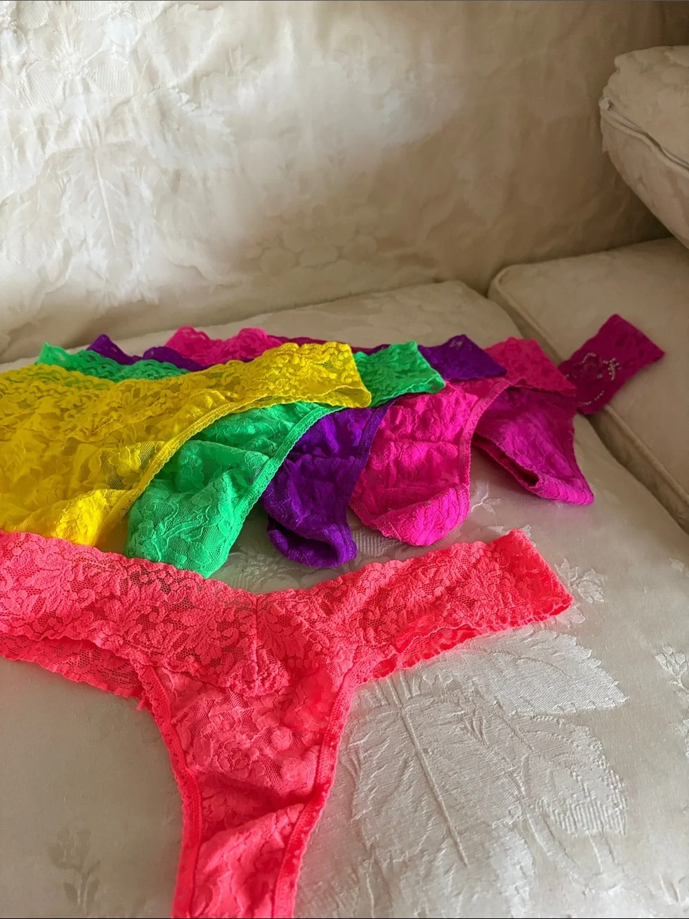 Hanky Panky Neon Lace Thong Set - Coral, Yellow, Green, Purple, Fuchsia